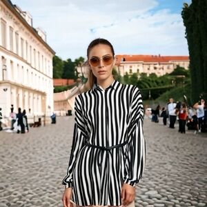 ASOS Design Black White Stripe Tunic Dress Robe Size 6 Cotton Blend Belted Dress